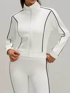 Women's Sporty Loose-Fit Jacket, Full-Zip Stand Collar Gym & Yoga Running Jacket, Lightweight Colorblock Design, All-Season Wear, Sports Yoga Jacket