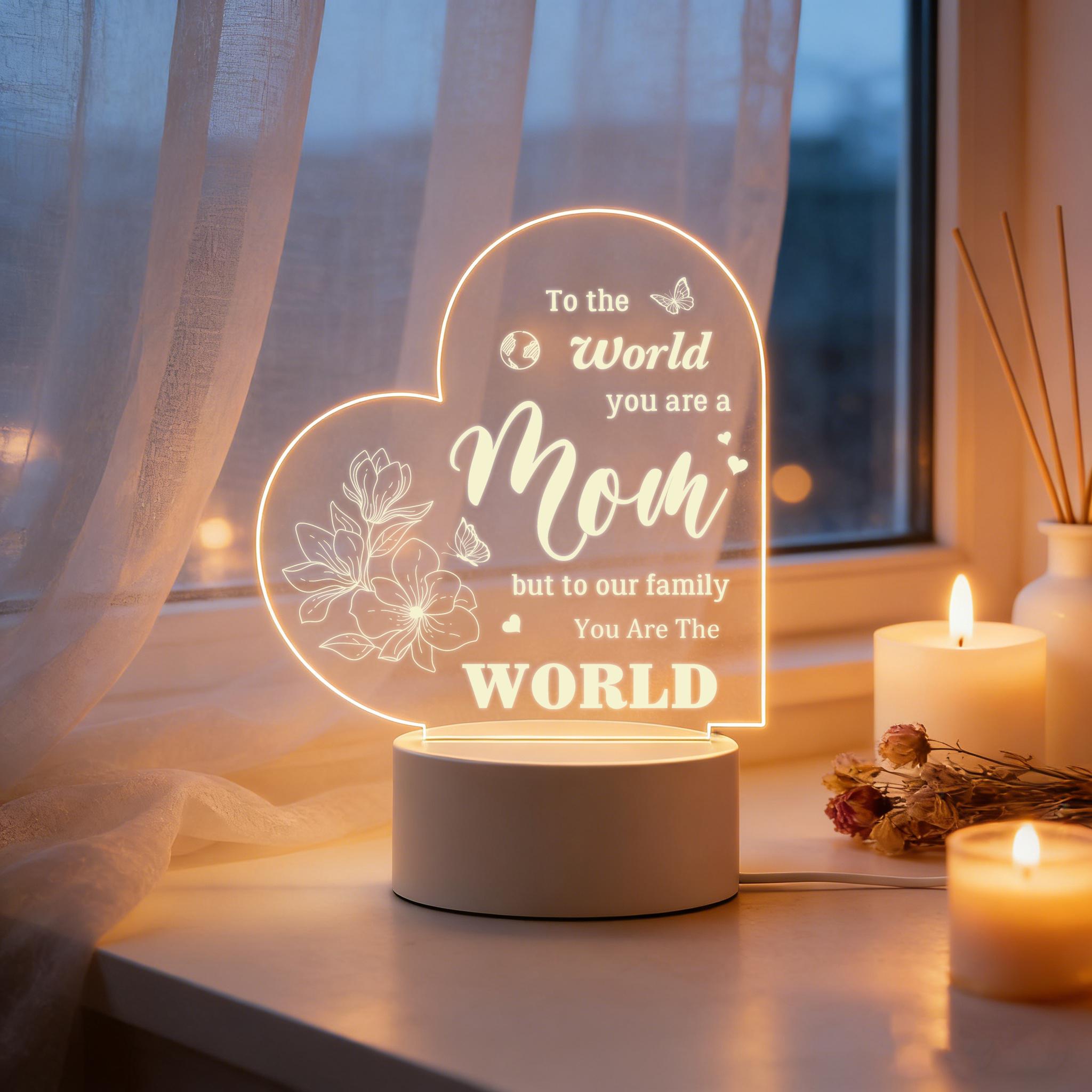 To The World You Are A Mom Heart 2D Acrylic LED Night Light, Warm White USB Bedside Lamp, Mother's Day Birthday Gift for Mom, Bedroom Home Decor