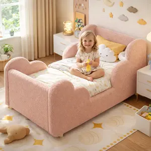 Lilypelle Toddler Bed Frame, Toddler Floor Bed Frame with Extra Safty Broad, Standard Crib Size Toddler Bed, Certified Fabric Toddler Beds Frame, Mattress Not Included