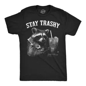 Mens Funny T Shirts Stay Trashy Sarcastic Raccoon Graphic Novelty Partying Tee for Men Mens Funny T Shirts Cool Vintage Fashion T-Shirt Gift Classic Menswear Drinking Apparel for Men Funny Animal Short Sleeve Black -