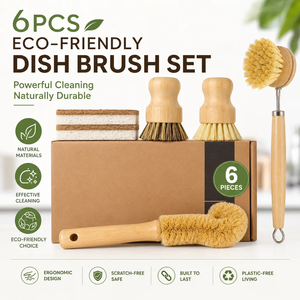 6pcs Multi-Purpose Bamboo Kitchen Cleaner Set - Reusable, Smooth, Scratch-Free Safe Tools: Long-Handled Natural Sisal Palm Scrub Brush, Short-Handled Wooden Scrub Brush, Coconut Sponge, Plastic-Free Biodegradable for Pots & Pans