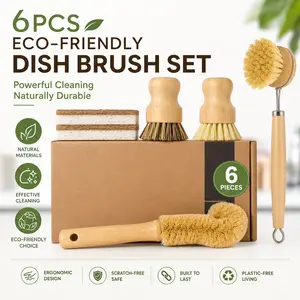 6 Piece Bamboo Dish Brush Set with Coconut Sponge – Natural Sisal & Palm Fiber Bristles, Wooden Scrub Brush for Pots, Pans, Bottles, Veggies – Eco Friendly, No Plastic