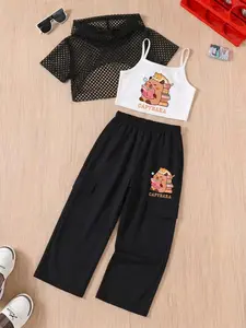 3-Piece Girls' Fashion Set, Hooded Top + Tank Top + Sporty Pants, Cat Print, Casual Loose Fit, All Seasons, Perfect for Outdoor Activities