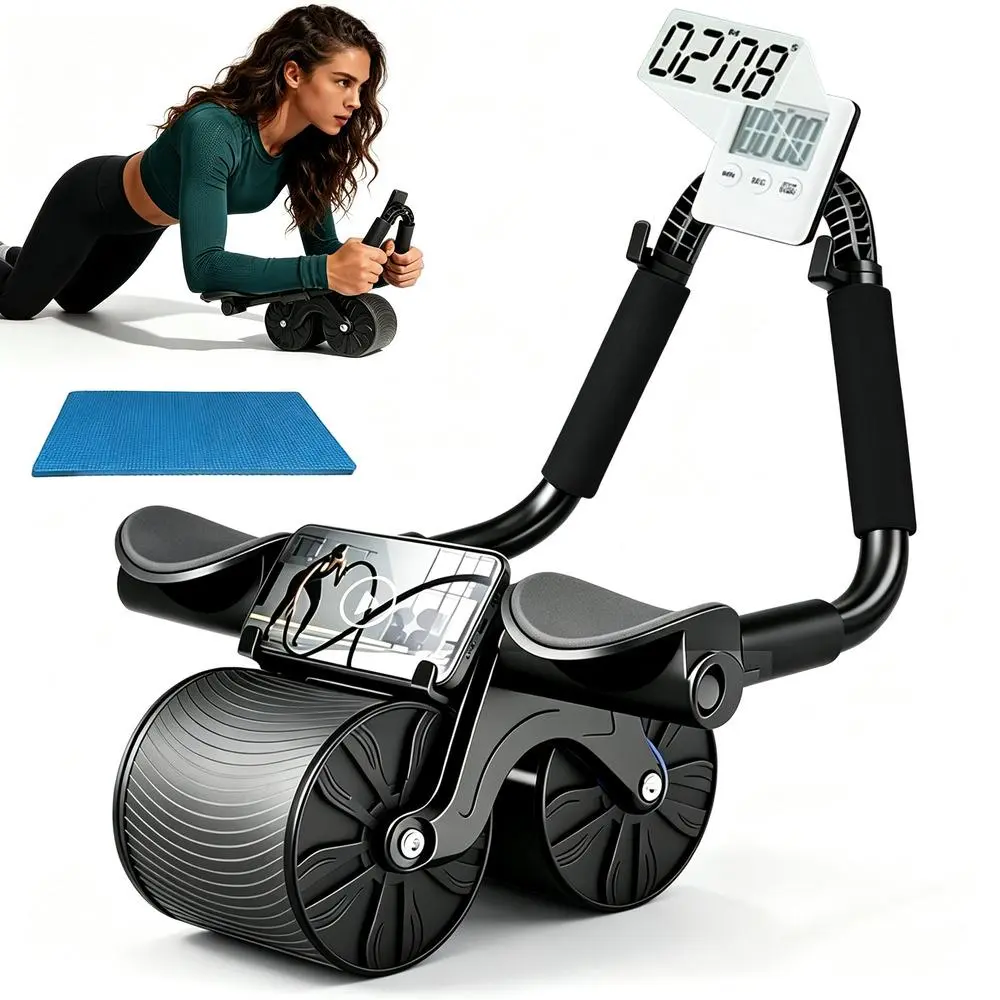 Dual Four Wheel Abs Abdominal Roller Elbow Cushion Digital Display Smartphone Rack, Fold Muted Core Equipment, Easy Carry Gym Gear For Novice Workout Lovers, Mini Strength Workout Supply