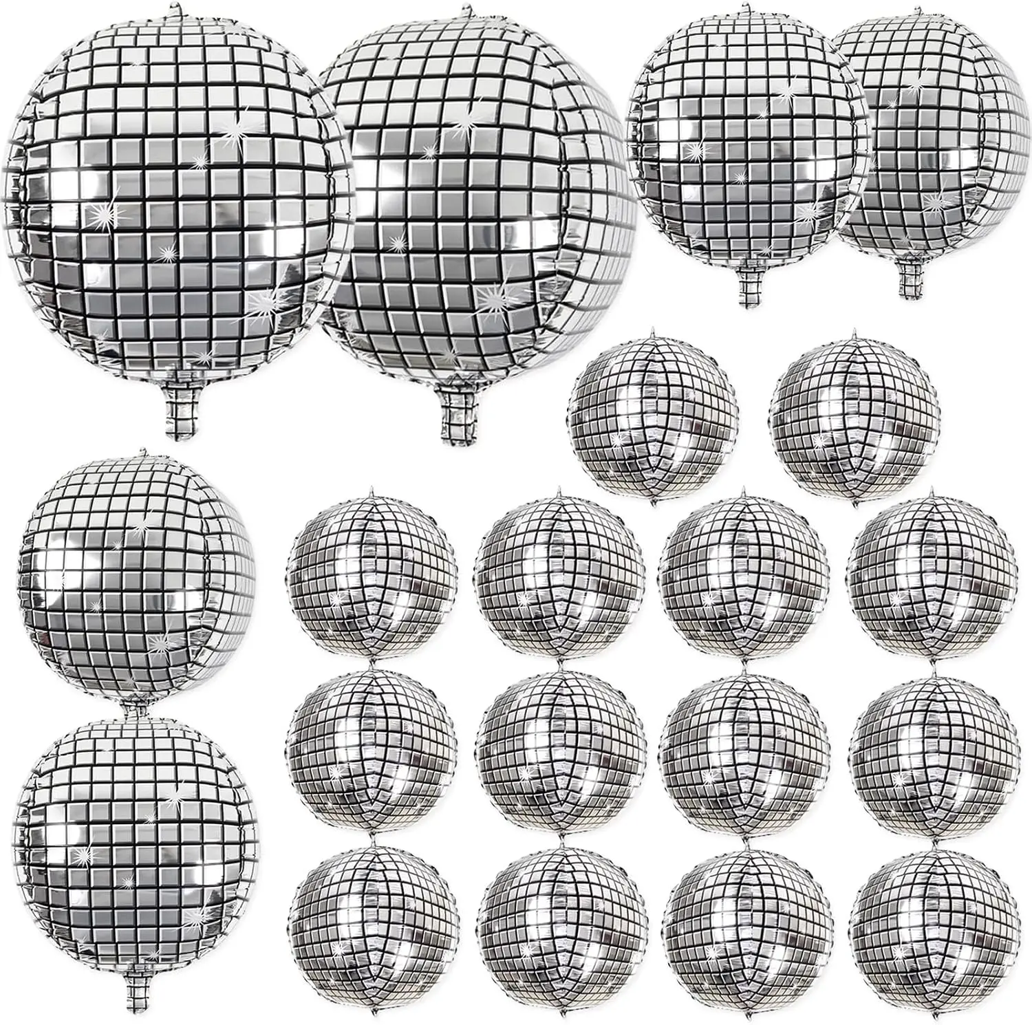 Metallic Silver 4D Mylar Disco Balloons Assorted Sizes (32in, 22in, 10in) - 20pcs Round Festive Party Decor Supplies for 70s-80s Themed, Birthday Events