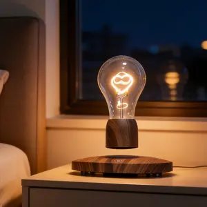 Magnetic Levitation Floating Heart LED Night Light, 360° Rotating Glass Bulb Lamp with Minimalist Walnut Base, Romantic Bedroom Bedside Table Decor, Futuristic Home Lighting, Unique Valentine’s Day Gift for Girlfriend, Boyfriend & Couples