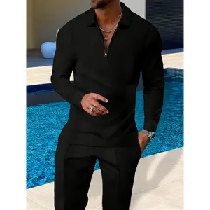 Summer Men's Casual Suit: Solid Color Long-Sleeve Top and Pants, Half-Zip Turn-Down Collar Men's Suit, Lightweight and Breathable Street Casual Pleated Suit