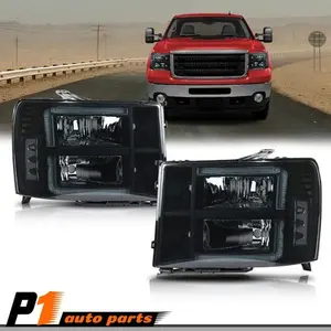 LED DRL Smoke Lens Headlight Pair, Drl Lamps Fit For 07-13 Model GMC Sierra 1500, 2500HD, 3500HD