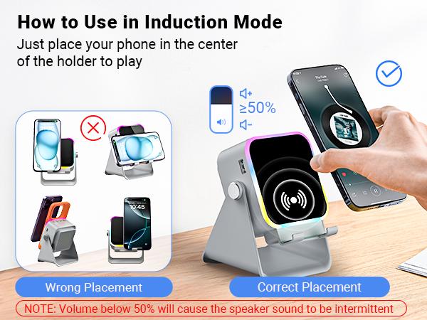 [SummerWins] 5-in-1 Wireless Induction Audio & Bluetooth Speaker with Phone Holder, 3500mAh Rechargeable Emergency Power Bank, 8 RGB Ambient Light, 360° Adjustable Mobile Tablet Stand– Gifts for Friends, Family