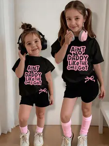 Girls' Casual Short Sleeve Shorts Set, Age 4-12, Fitted Cartoon Pattern, Round Neck T-Shirt, Bow Detail, All Seasons, Summer Outfits Set