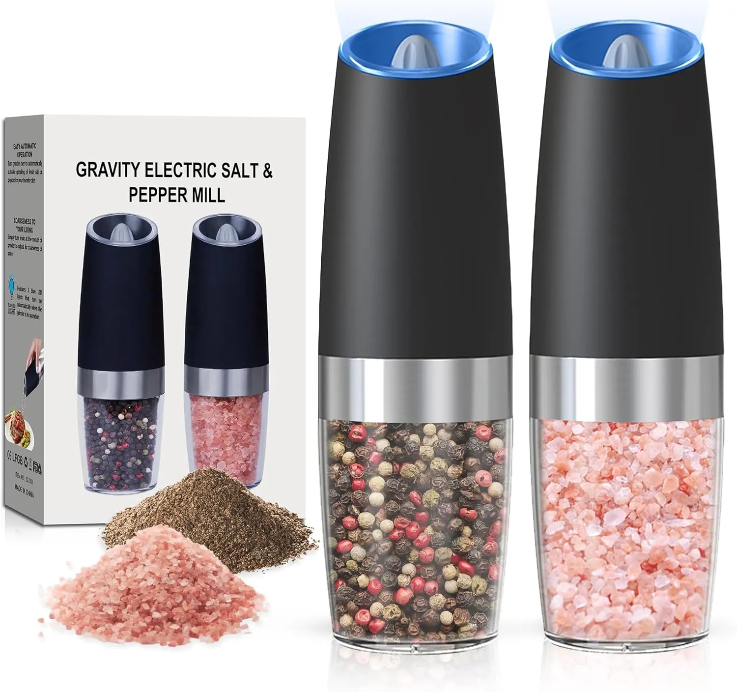 2-Pack Black Battery-Powered Gravity-Activated Automatic Kitchen Salt & Pepper Grinder Set, LED Light, Adjustable Roughness, 180g, Portable Lightweight Transparent Easy-Clean Washable Acrylic/Stainless Steel Design (6 AAA Batteries Per Grinder)