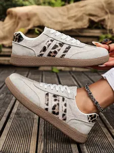 Women's Beige Suede-Linen Leopard Print Lace-Up Low-Top Retro Sneakers Breathable Two-Tone Casual Shoes Daily Commute Footwear Comfortable Walking Shoes Vintage Style Fashion Trainers Chunky Sole Platform Sneakers