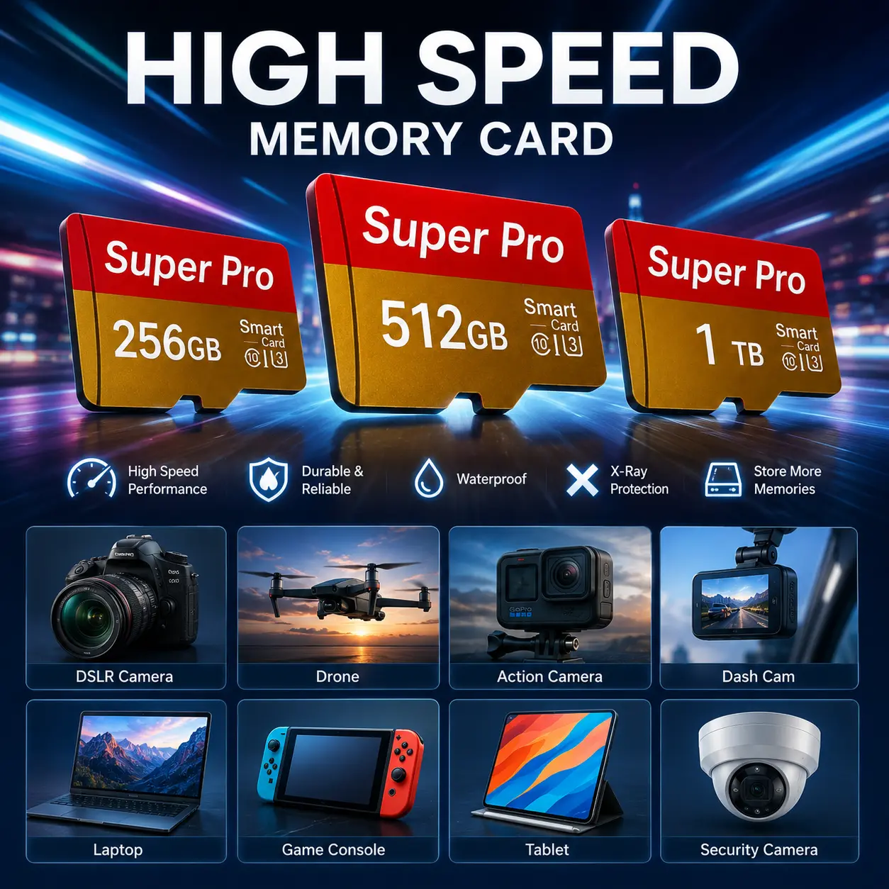 High-Capacity Flash Memory Card with Adapter – 256GB, 512GB, 1TB Options, Universal Memory Expansion for Cameras, Phones & Other Devices, Ideal for Holiday & Festive Gifts