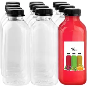 Empty Plastic Juice Bottles Bulk with Caps for Juicing & Smoothies,  Clear , 16 Ounce Drink Containers for Mini Fridge, Juicer Shots, Small 16 oz (12 Pack)
