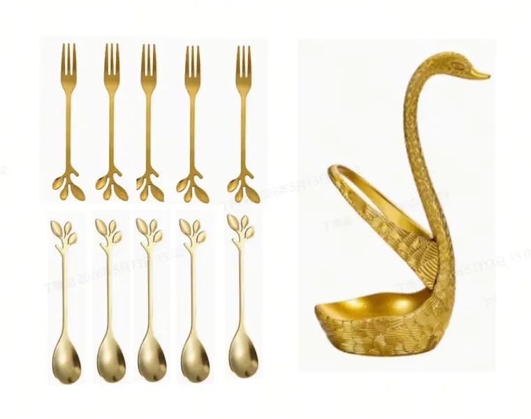 11 Packs Gold Mini Swan Spoon Holder Set with Spoons and Forks for Coffee, Tea, and Dessert Table Suitable for Many Themed Parties, Birthday Parties, Afternoon Tea, Weddings, etc