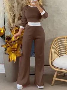 Women’s 2 Piece Matching Set Long Sleeve Crop Top and High Waist Wide Leg Pants Casual Lounge Outfit