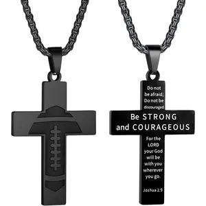 Football Cross Necklace - Boys Inspirational  Verse Pendant, Stainless Steel Chain, 22+2 inch    for Men & Women