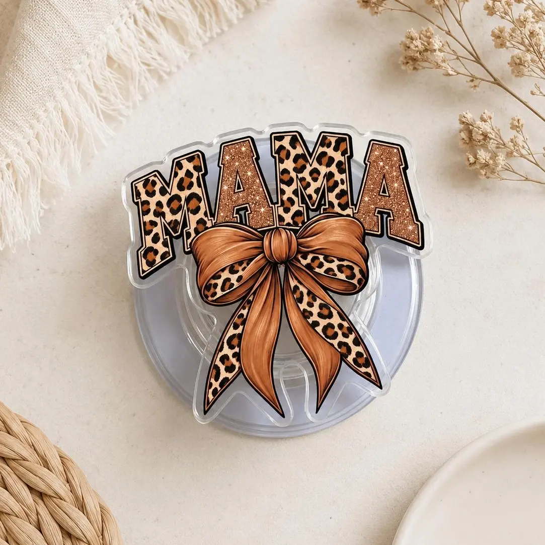 Leopard Mama Bow MagSafe Phone Grip – Mama Magnetic Phone Holder & Kickstand – Cute Mom Gift
