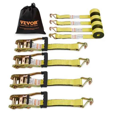 VEVOR 4-Pack Cargo Trailer Straps, 2x15' Heavy Duty Nylon Webbing, 5000lb Break Strength, Double Stitched, Double J Hooks, Ergonomic Quick Release Padded Handles, for Vehicle Transport, Luggage Accessory