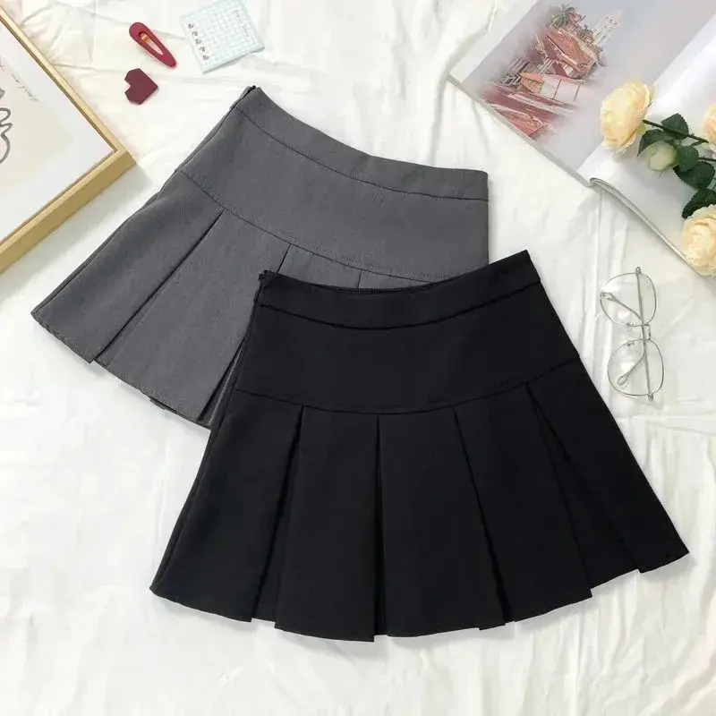 Vintage Gray Pleated Skirt Women Kawaii High Waist Mini Skirts Korean Fashion School Uniform Harajuku Streetwear Spring