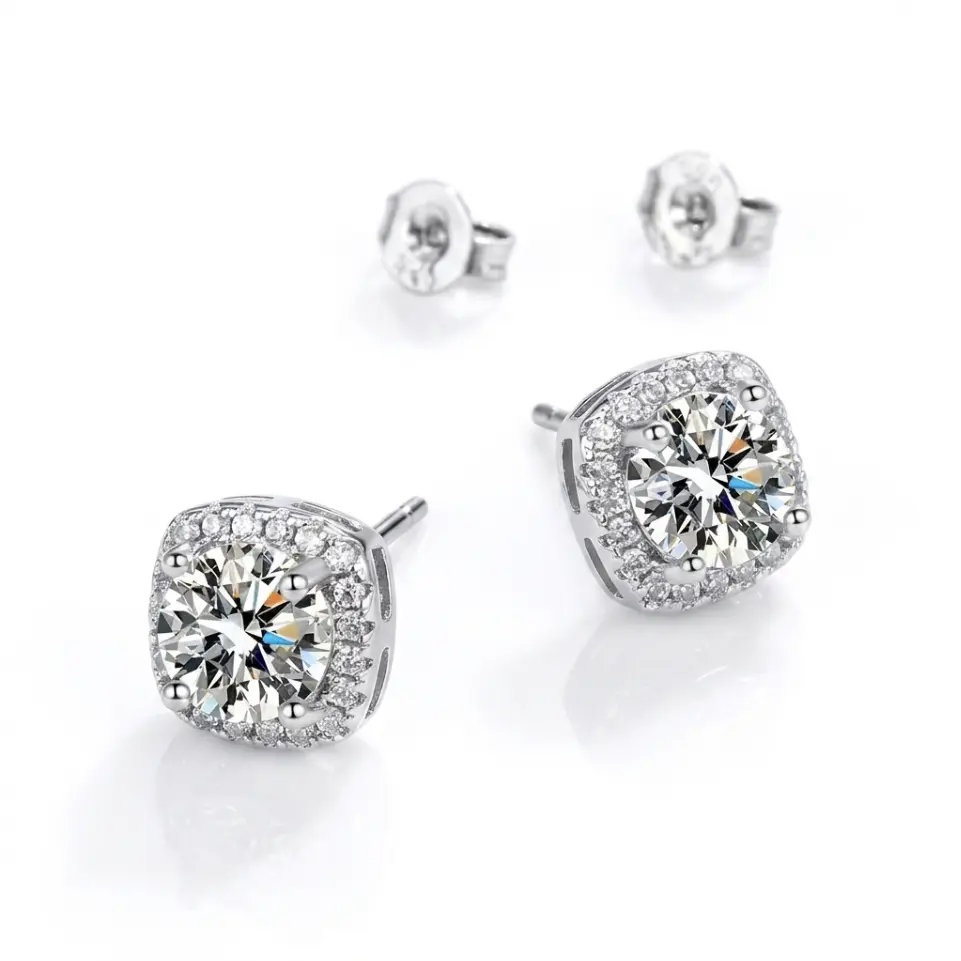 1ct Cubic Zirco Cushion Cut Halo Frame Earrings, Classic Prong Full Pave Diamond-Look Studs, Nickel-Free for Everyday Wear