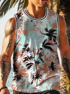 Men's Tropical Palm Tree Print Tank Top, Casual Sleeveless Round Neck Vests for Summer, Fashion Men's Clothes for Beach Vacation