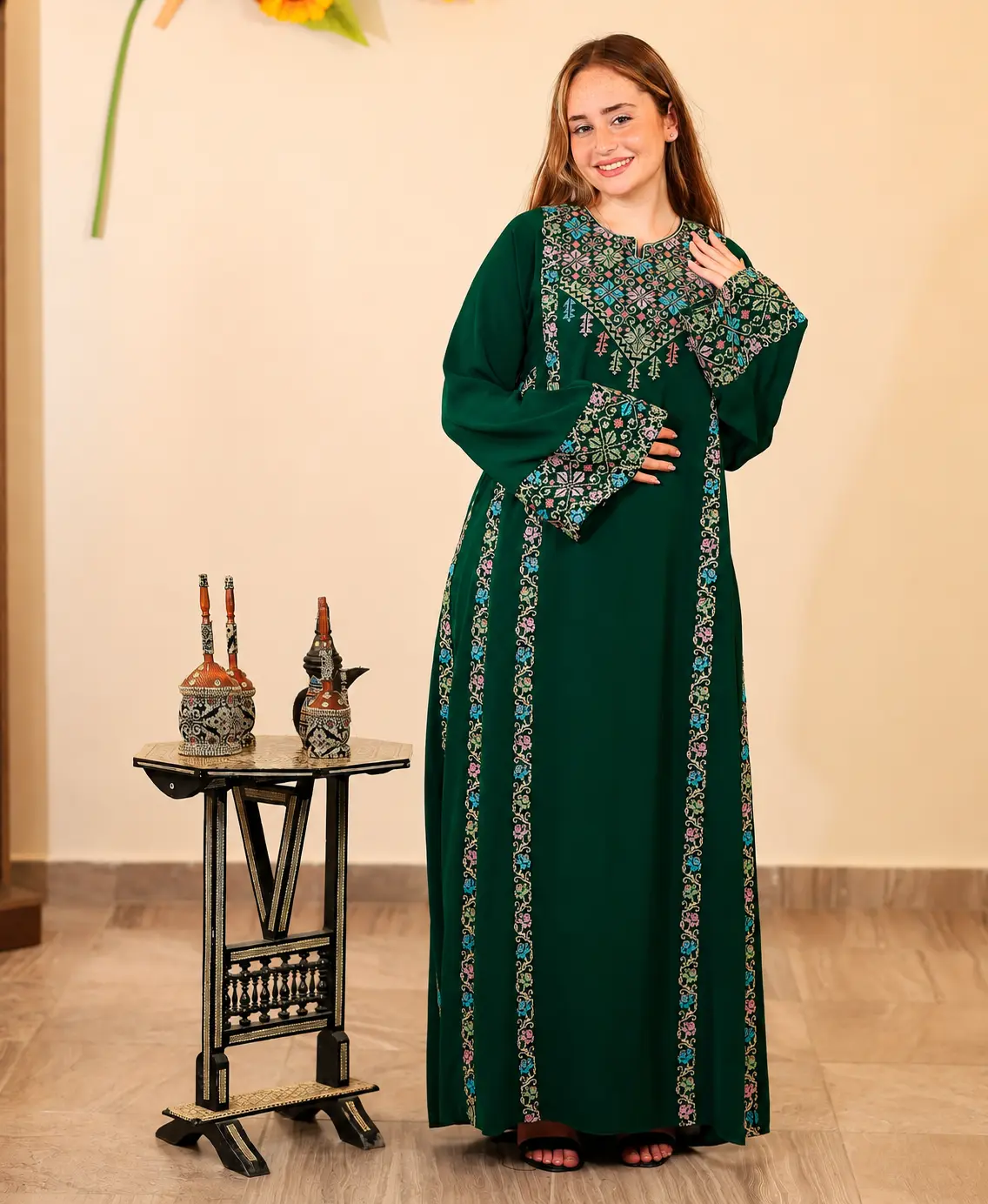 Women's Long Sleeve Thobe Dress with Embroidery - Loose-Fitting Islamic Garment for All Seasons, Modest, Elegant
