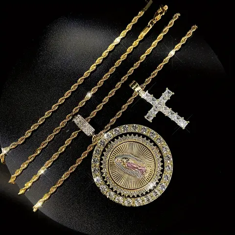 2Pcs Virgin Mary Cross Jewelry Set – Rotating Virgin Mary Pendant Necklace with Cross, Crystal Stone Inlay, Zinc Alloy Religious Symbol for Men Women, Valentine's Day Birthday Gift