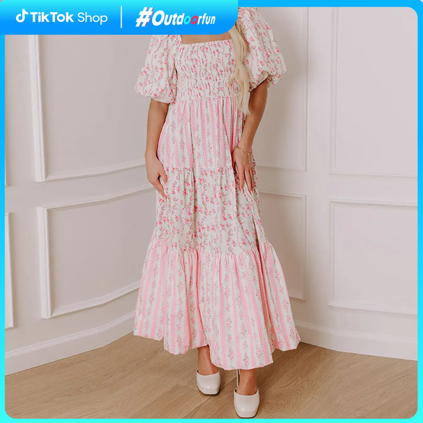 Outdoorfun Women Long Dress Floral Print Square Neck Short Sleeve Dress Summer Fashion Casual Dress Maternity Double-Lined Shapewear Bodysuit casual