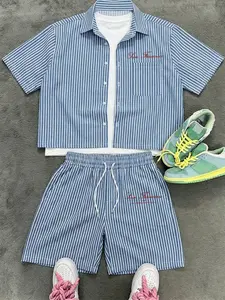 2-Piece Men's Blue And White Striped Streetwear Set, Short Sleeve Button Down Shirt And Drawstring Shorts, Suitable For Daily, Vacation And Casual Street Wear Outfit