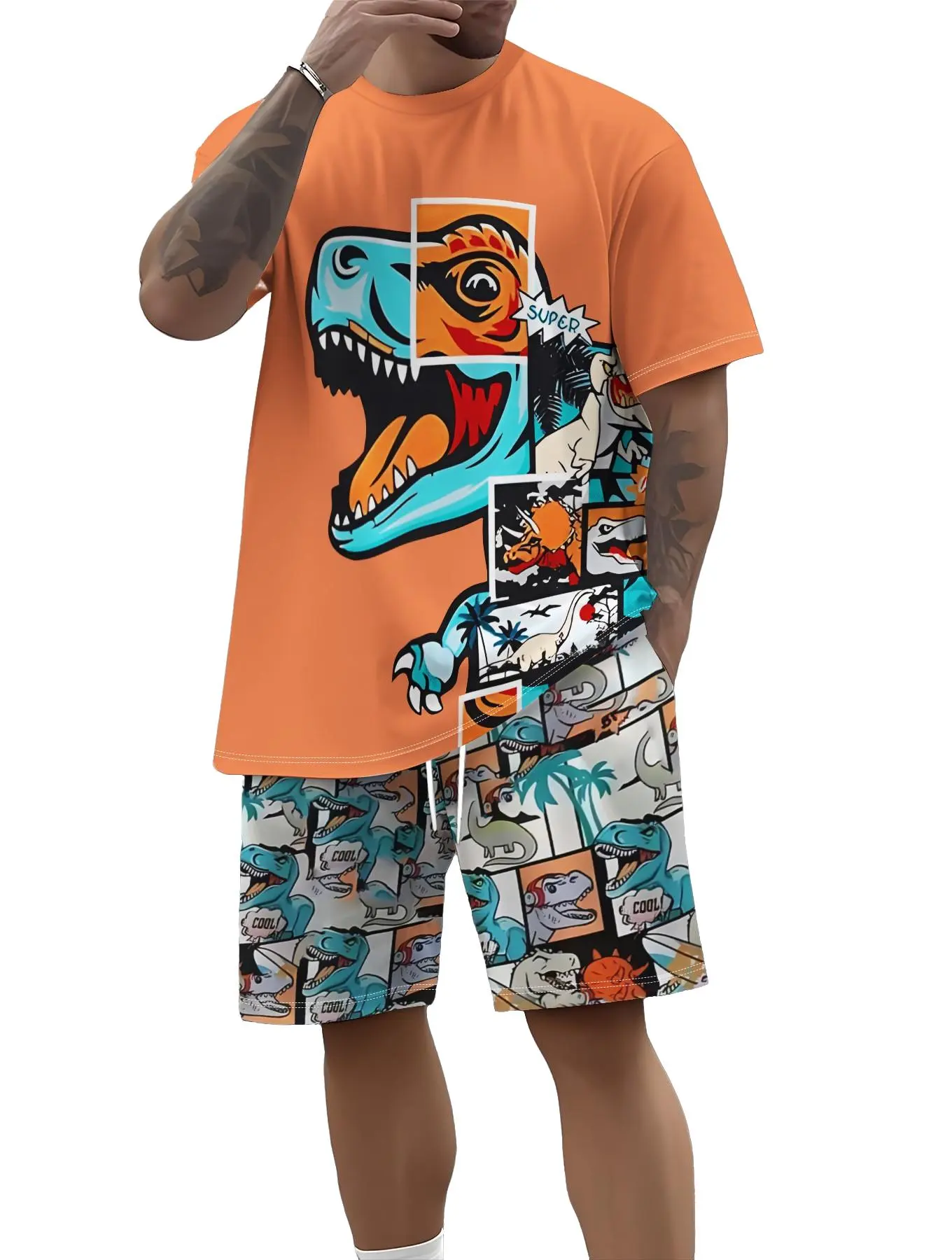 Men's Dinosaur Print T-Shirt + Camo Dino Shorts Set, Casual Cartoon, Loose-Fitting, All Seasons, Daily Wear