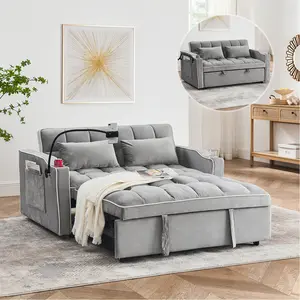 3 in 1 Convertible Sleeper Sofa Bed, Modern Futon Couch Pullout Couches Bed Velvet Pull-Out Bed, Adjustable Back and with USB Port and Ashtray and Swivel Phone Stand ﻿(Grey)