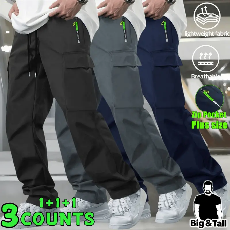 Men's Big & Tall Relaxed Fit Casual Trousers, Elastic Drawstring Waist Multi Pocket Plus Size Pants, Breathable Streetwear Bottoms, Outdoor Hiking Gym Daily Sweat Pants, Deep Phone Pockets Extended Inseam Everyday Wear