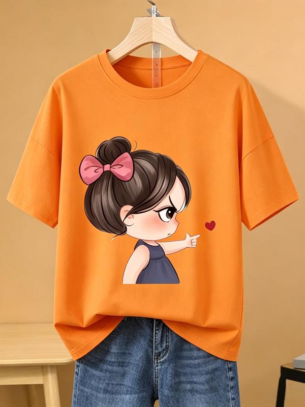 Women's Oversized Soft Cropped Orange T-Shirt - Cute Cartoon Skating Girl, Bow Heart Print, Short Sleeve, Original Y2K Aesthetic Style, Casual Summer Streetwear Top