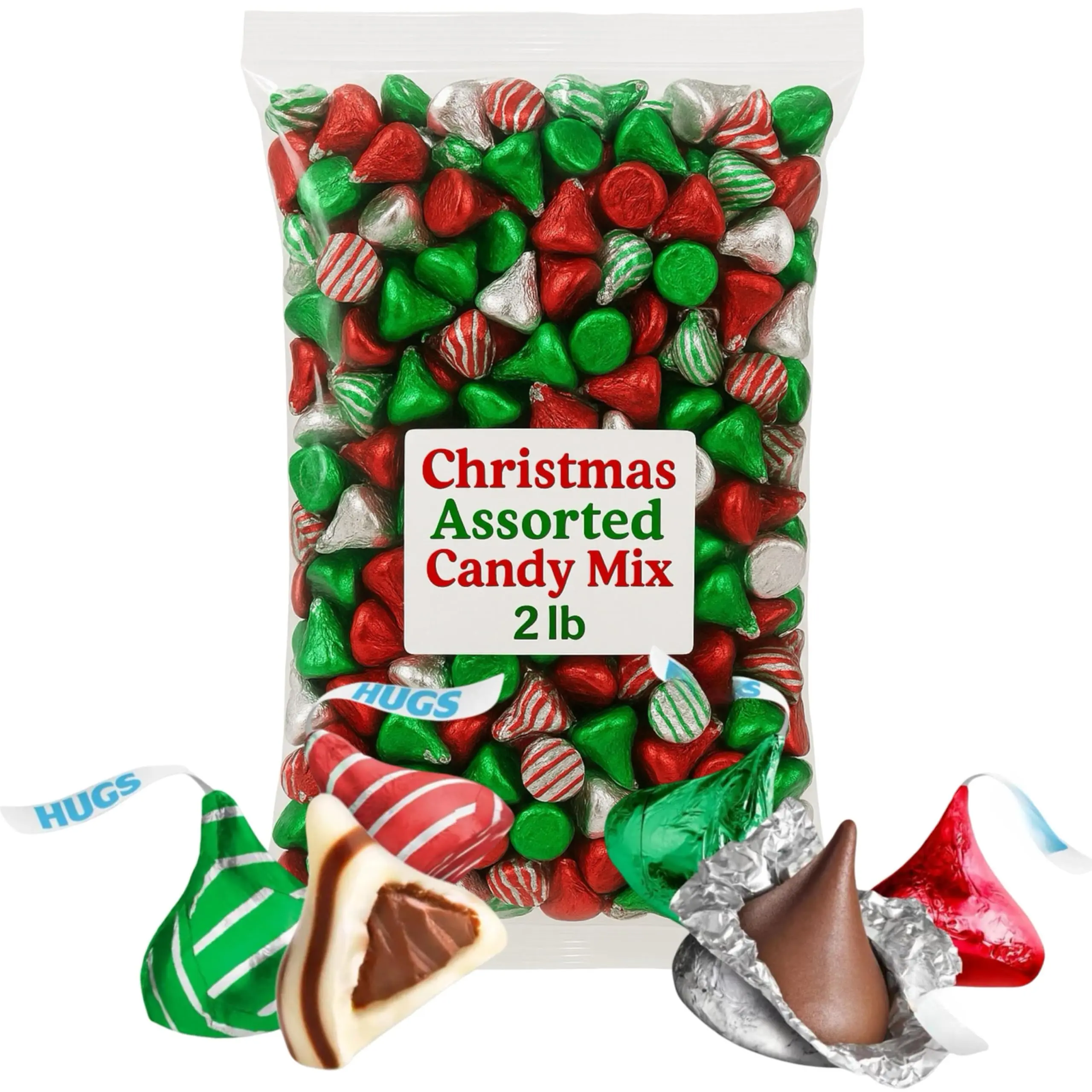 Chocolate Christmas Mix, HUGS AND SOLID MIX 2LB Pack (Approx. 200 Pieces) of Christmas Candy Individually Wrapped, Delicious Chocolate Kisss in Red, Green, and Silver Foil, Perfect Bulk Christms Candy for Holidays
