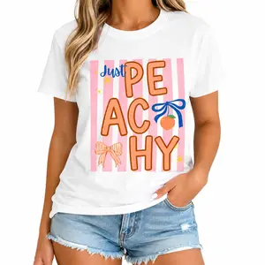 Fresh and fun "Just Peachy" women's printed tee, loose fit, casual summer top, cute graphic T-shirt with pastel stripes, playful peach & bow illustration, trendy printed shirt for men & women
