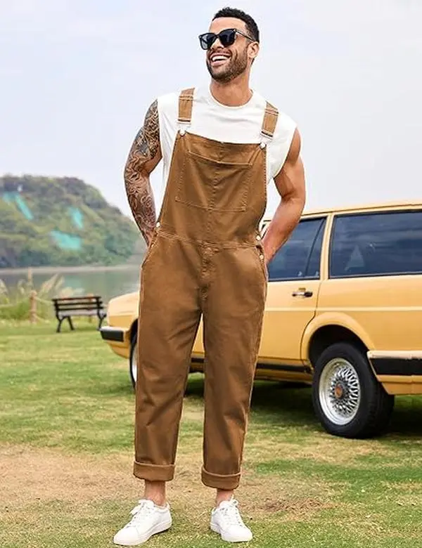 Men's Loose Fit Denim Bibs Overalls Fashion Coveralls Work Utility Jumpsuit with Pockets, Casual Comfy Sleeveless Workwear