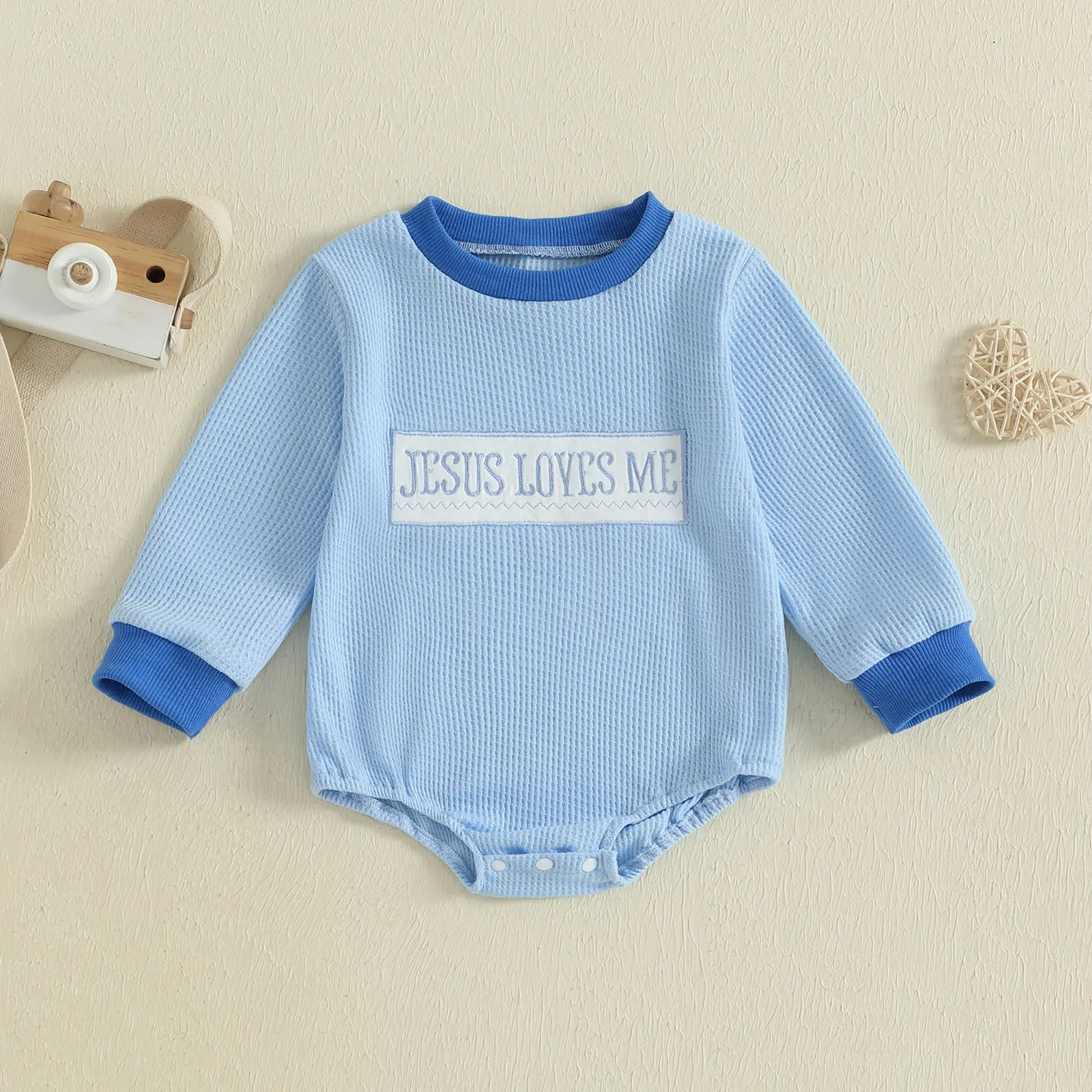 Meihuida Newborn Baby Boy Clothes Jesus Loves Me Sweatshirt Romper Waffle Knit Long Sleeve Bodysuit Christian Baptism Outfit