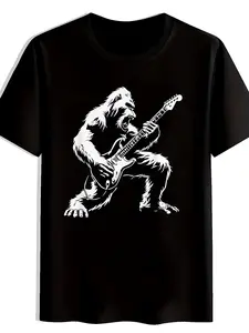 Outdoor Fashion Men's Music-Themed T-Shirt: Gorilla Playing Electric Guitar — Casual Short-Sleeve Crew Neck Top. Digitally Printed, Relaxed Fit. Suitable for All Seasons. An Ideal Choice for Daily Casual Wear and Music Enthusiasts
