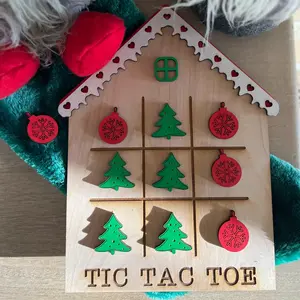 USA Made Hand Painted House Shape Wood Christmas Tic Tac Toe Board Game for Kids and Adults