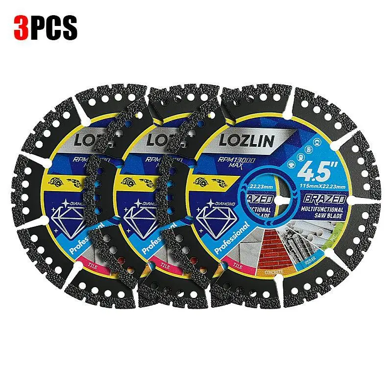 LOZLIN 3PCS 4.5" Multi-Material Cutting Blades - Dry Cut Metal, Tile, Stone & Plastic - Angle Grinder Saw Blades for Alloy, Cast Iron & Marble (115mm