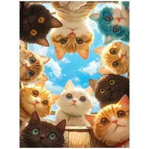 Cute Cats Peeking Over Wooden Frame, Multiple sizes available including square and round diamonds. This 5D DIY diamond painting set diamond art embroidery kit handmade furniture decor cute pet art piece Kitty.