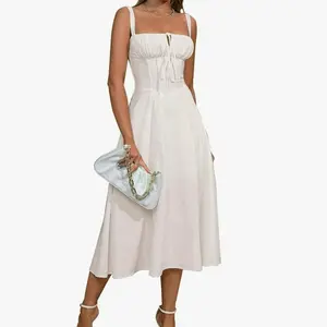 Floral Midi Corset Dress Wedding Guest Flowy Slit Lace Up Dresses for Women Tea Party A Line Casual Sundress