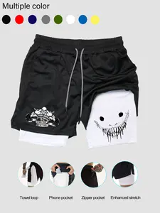 Men's Sporty Multi-Pocket Two-In-One Layered Shorts, Fitted Polyester Fabric, Fall & Winter Casual Running Fitness Wear, Indoor Outdoor Use