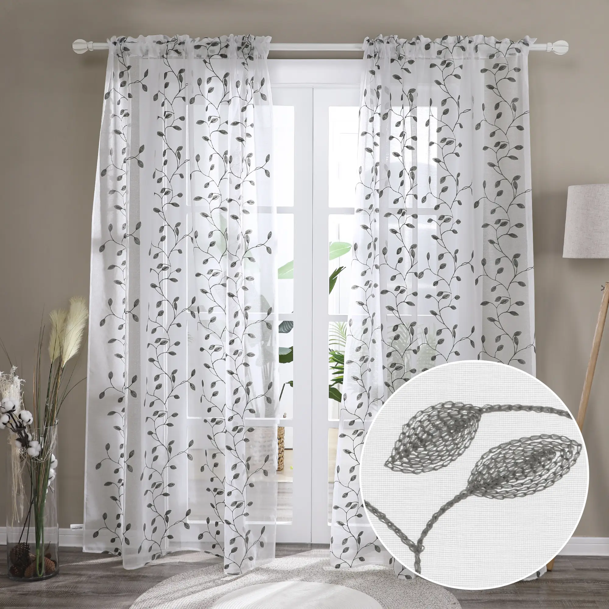 Deconovo Embroidered Floral Leaf Pattern Rod Pocket Sheer Window Drapes - 2 Panels for Sliding Doors, Bedroom Decor, Low Iron Curtains, Two Panels