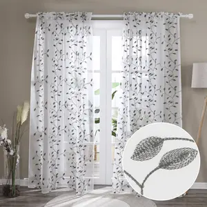 Deconovo Floral Sheer Curtains with Leaves Pattern Rod Pocket Embroidered Sheer Curtain Drapes for Sliding Glass Door - 2 Panels