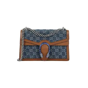 Gucci Dionysus Small Shoulder Bag with Tiger Head Buckle and Denim Leather Combination in Blue-Gray and Brown for Women