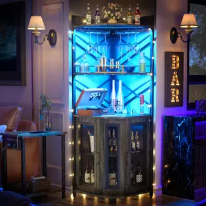 64.2 * 25.6 inch Corner Bar Cabinet with Wine Storage Rack and RGB LED Strip,5-Tiers Industrial Wine Cabinet with Power Outlet and Glass Holder