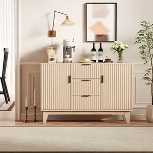 47.2" White Fluted Sideboard Buffet Cabinet, Large Coffee Bar Storage Cupboard with 3 Drawers & 2 Doors, Stylish Accent Cabinet for Kitchen, Living Room & Entryway
