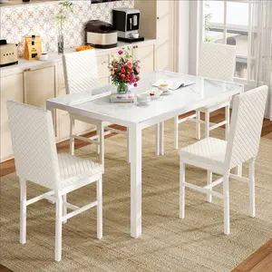 AWQM Dining Room Table Set for 4-5-Piece Kitchen Table & Chairs with Glass Top, Velvet Seat Chairs, White Heel Design, Ideal for Small Spaces